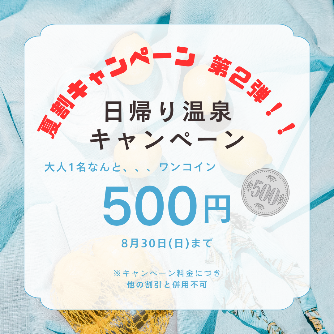 夏割第2弾！日帰り入浴ワンコイン！！のアイキャッチ画像